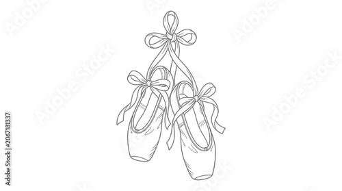 Fotografía A delicate drawing of ballet shoes tied with ribbons hangs freely in air