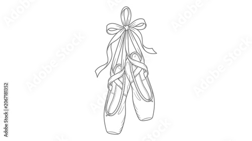 A minimalist line drawing of a pair of ballet shoes tied with a ribbon