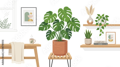 Cozy living room interior with plants on shelves and a comfortable seating area 2026-6-21.
