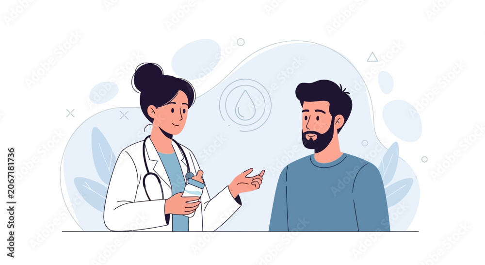 Fototapeta premium Doctor consulting male patient about medical treatment and medication, vector illustration