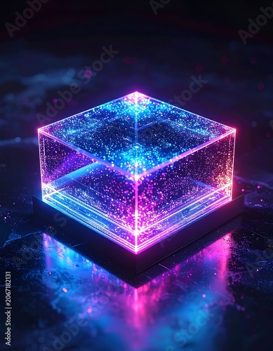 A glowing cube with pink and blue neon lights on a dark surface