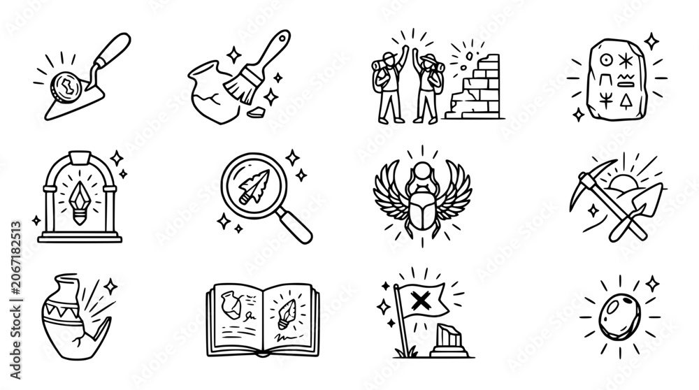 Fototapeta premium Archaeology Icons Set: Discovery, Excavation, Ancient Artifacts, Exploration