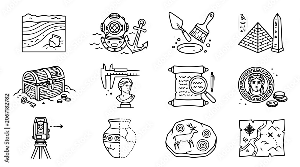 Fototapeta premium Archaeology Icons: Excavation, Treasure, Ancient Artifacts, History, Discovery, Exploration