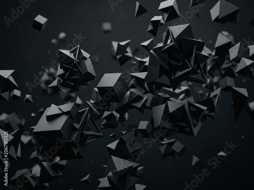 Abstract geometric shapes floating in air.