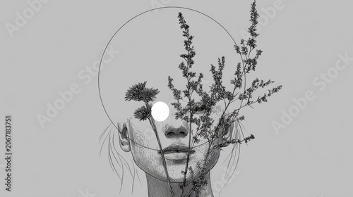 Minimalist monochrome illustration depicts a female visage overlaid with botanical elements and geometric shapes