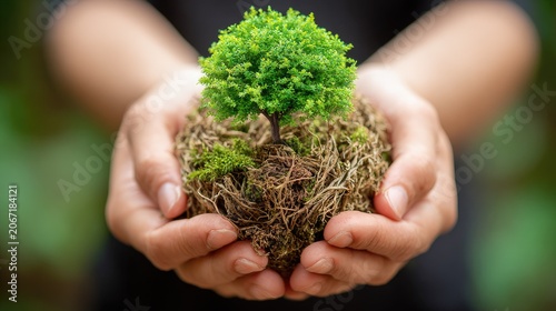 Person carefully cradles a miniature tree growing from a sphere of soil and moss in cupped hands