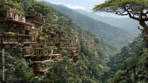 Ancient tiered dwellings merge with lush, overgrown mountain landscape