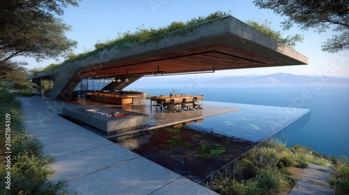 Modern luxurious cliffside dwelling features an overhanging structure with integrated infinity pool overlooking vast ocean vistas