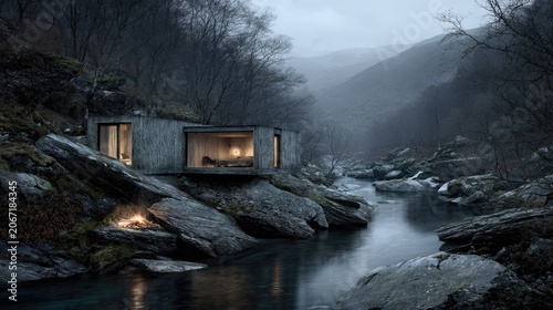 Minimalist contemporary cabin nestled on a rocky riverbank in a dense, misty mountain landscape