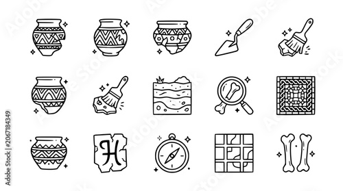 Photography Archaeology Icons: Pottery, Tools, Bones, Map & Compass - Hand-drawn Vector Set