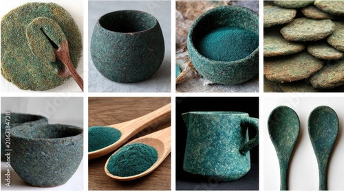 Assortment of natural food products and vessels featuring vibrant blue green spirulina material