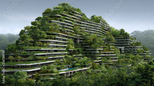 Terraced residential complex integrates lush vegetation across its entire facade resembling a green mountain