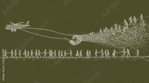 Aerial vehicle controls group of individuals connected by string-like structures originating from clasped hands
