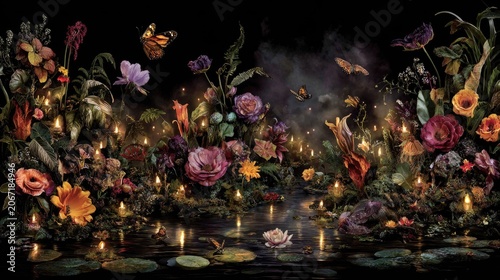 Abundant dark garden foliage surrounds a calm body of water illuminated by many small lights
