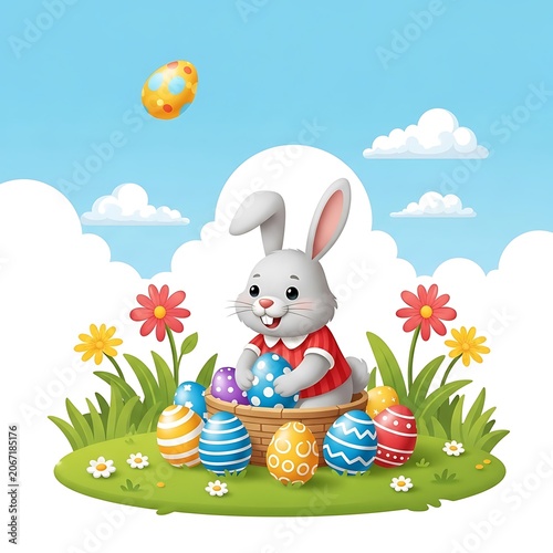 Cute white bunny rabbit sitting in flower basket.