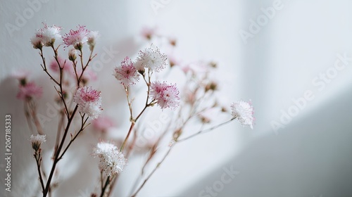 Delicate pink and white blossoms stand against a subtly lit pale background.