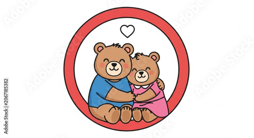 Cute Cartoon Bears Embracing in Circle Frame