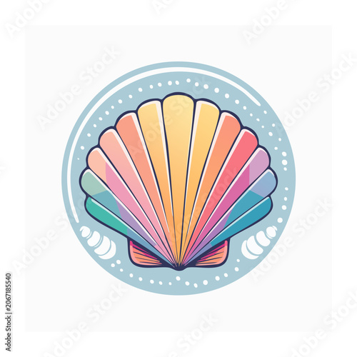 Colorful fan seashell illustration with circular frame