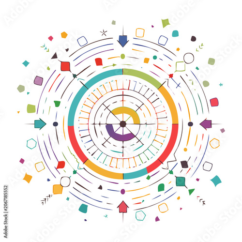 Colorful circular target with arrows and shapes