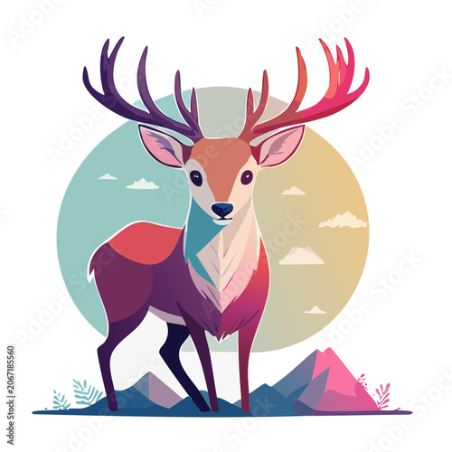 Colorful flat design deer illustration with mountains and sky