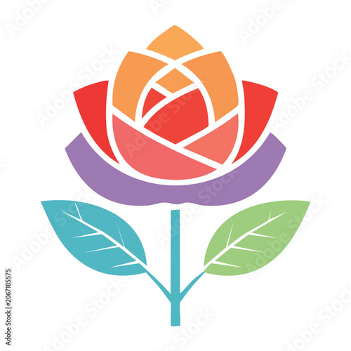 Colorful flat design rose icon with leaves