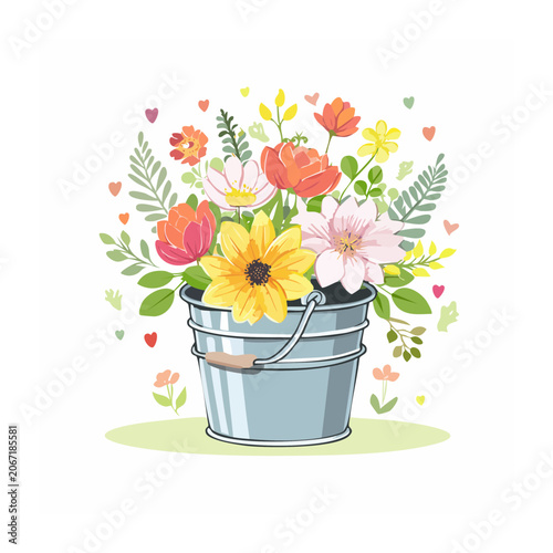 Colorful flower bouquet in a metal bucket illustration