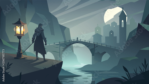 Photos Detective looking over old stone bridge towards ancient city at night with detec
