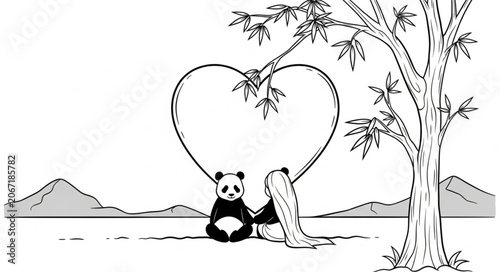 Cute Panda Under a Heart-Shaped Tree