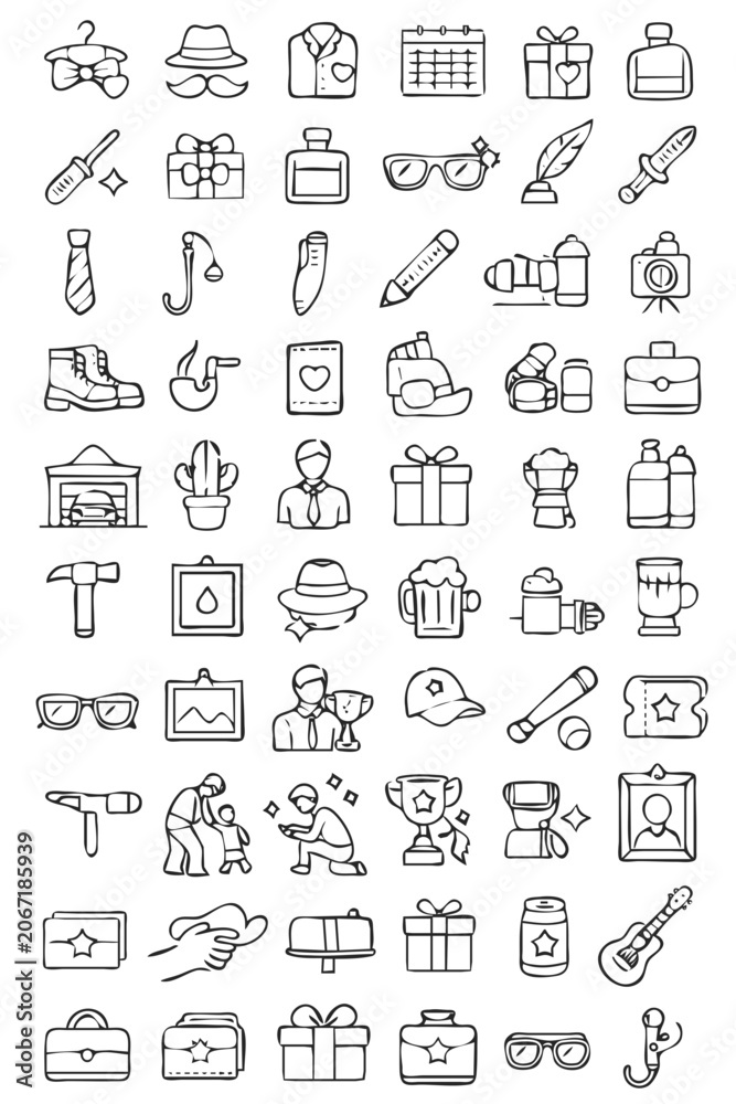 Fototapeta premium 50 Fathers Day Dad Gifts Thin Line Icons Set Masculine Accessories Family Celebration Appreciation Gift Tools Vector 