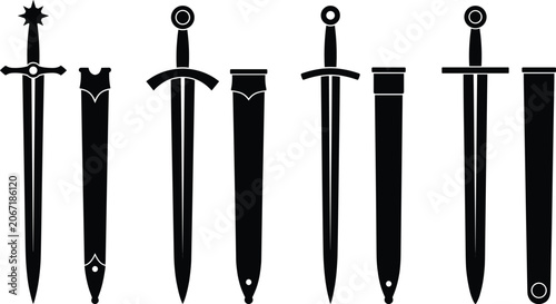 Canvastavla Flat vector silhouette collection of medieval swords and matching scabbards for