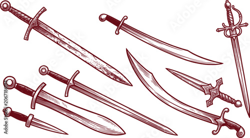 Konstfotografi Hand drawn vintage sketch collection of medieval swords daggers and curved scimi