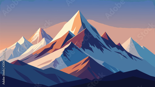 Fotografie Panoramic view of snowy mountain peaks with mountain landscape climbing adventur