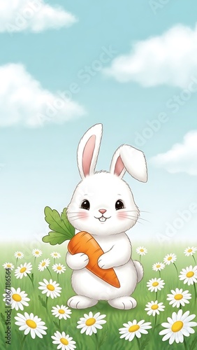 Cute white rabbit with carrot in spring meadow.