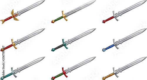 Tableau sur toile Medieval fantasy sword illustration set with colorful hilts for roleplaying game