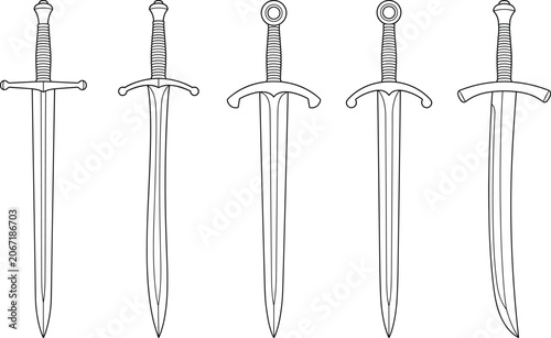 Bild auf Leinwand Minimalist line art vector outline set of medieval swords and curved sabers for
