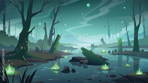 Obraz na plátne Mysterious dark forest landscape with glowing magical orbs mysterious environmen