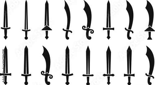 Foto Minimalist medieval sword and scimitar silhouette icons vector collection set is
