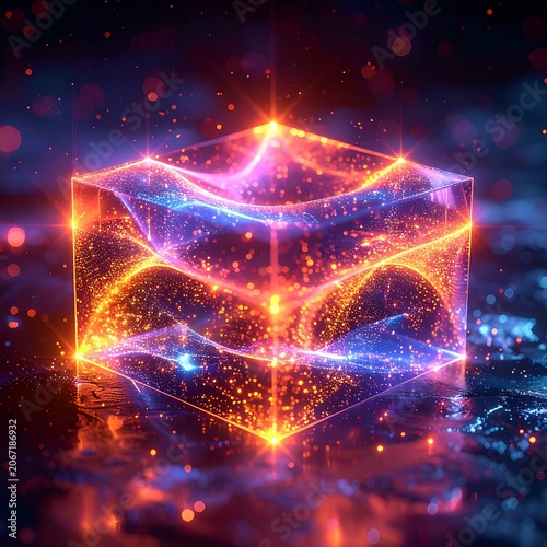 A glowing neon cube with vibrant colors and sparkling particles