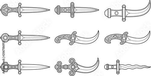 Bild auf Leinwand Ornate vector line art collection of fantasy medieval daggers and curved ceremon