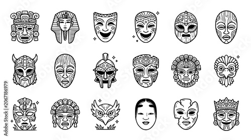 Tableau sur toile Diverse Cultural Masks Collection: Ancient Egypt, Tribal, Viking, Mayan, Tribal