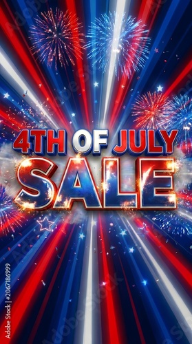 Fourth of July Sale Graphic with Patriotic Fireworks and Light Rays