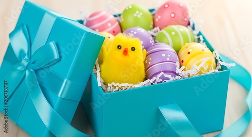 Cute yellow duckling swimming in blue water with flowers.