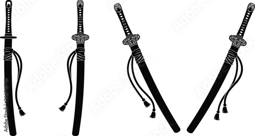 фотографія Samurai katana sword silhouettes with scabbard vector icon set isolated on white