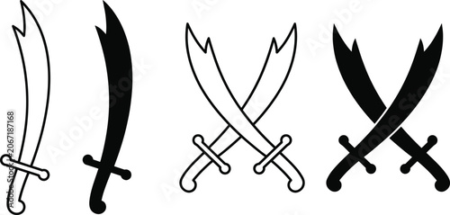 Schilderij op canvas Pirate scimitar cutlass and crossed swords vector silhouette icon set for gaming