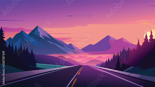 Canvastavla Scenic road leading through majestic mountains at sunset digital illustration wi