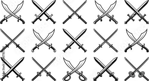 Schilderij op canvas Vector illustration collection of crossed swords katanas and scimitars for game