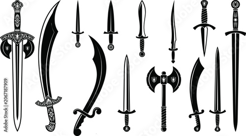 Foto Vector silhouette collection of medieval swords daggers and battle axe for video