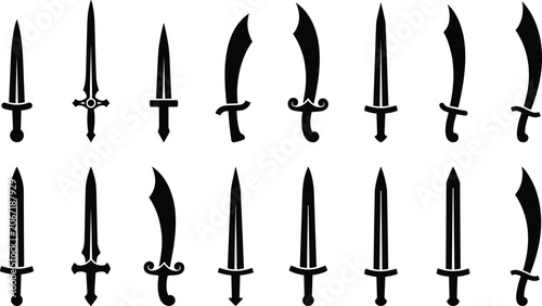 Foto Vector silhouette collection of medieval swords daggers and scimitars for gaming