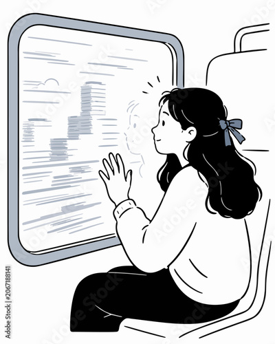 Obraz na plátně monoline illustration of girl gazing out train window at passing city