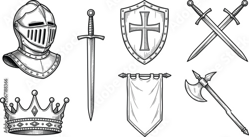 Vintage sketch vector collection of medieval weapons knight armor crown and shield for heraldic gaming logos